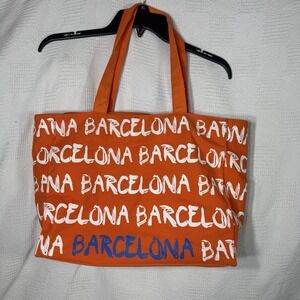 Robin Ruth Barcelona-Canvas Tote Bag With Bold Print‎ & Reinforced Straps Orange